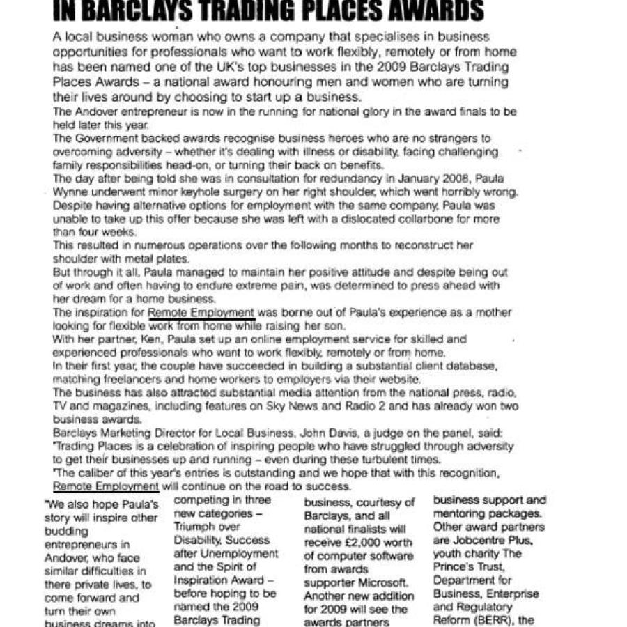 Andover business woman wins Barclays trading places award. Paula Wynne Wins Barclays Trading Places Award.
